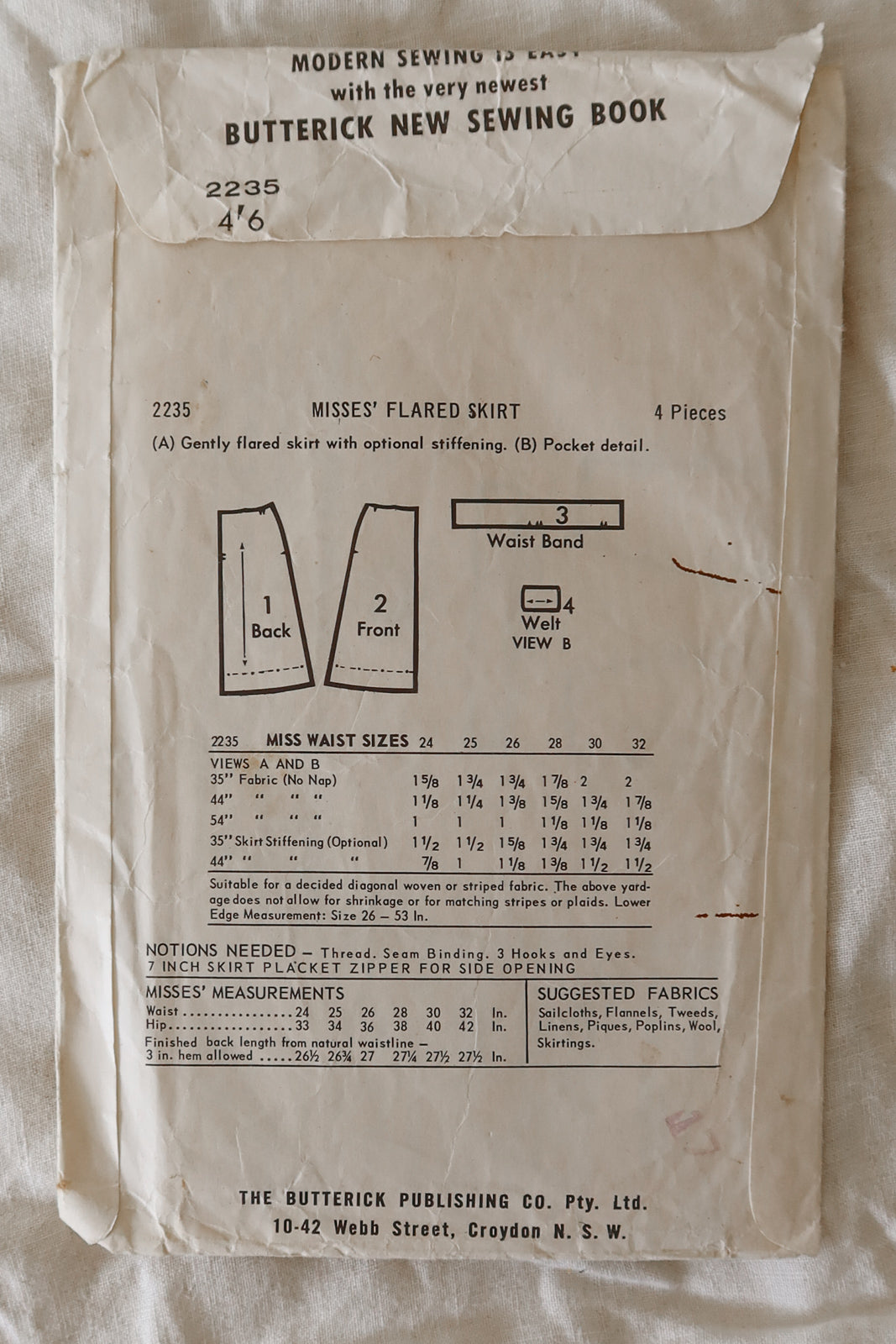 Butterick 2235 1960s Skirt Pattern