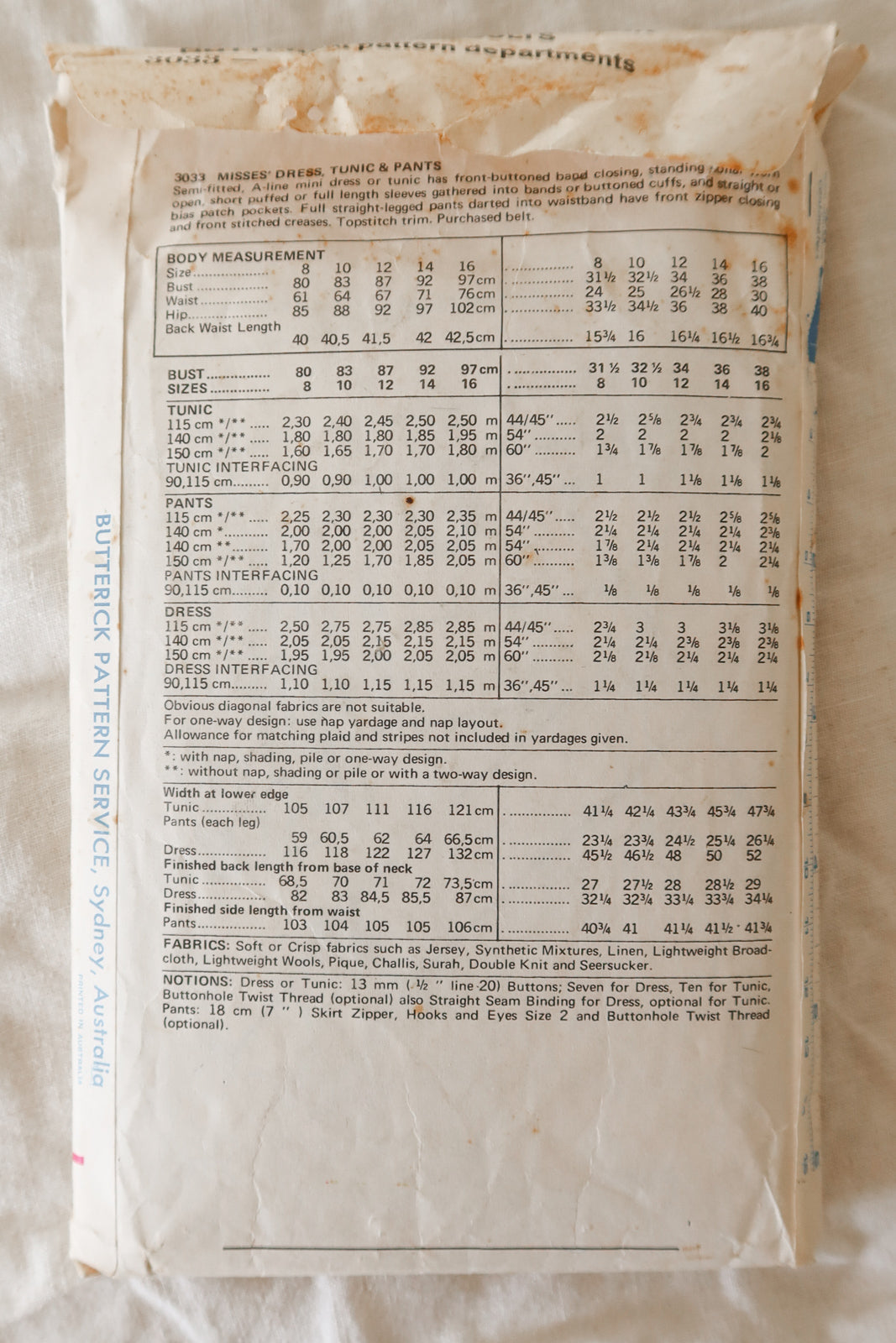 Butterick 3033 1970s Sewing Pattern