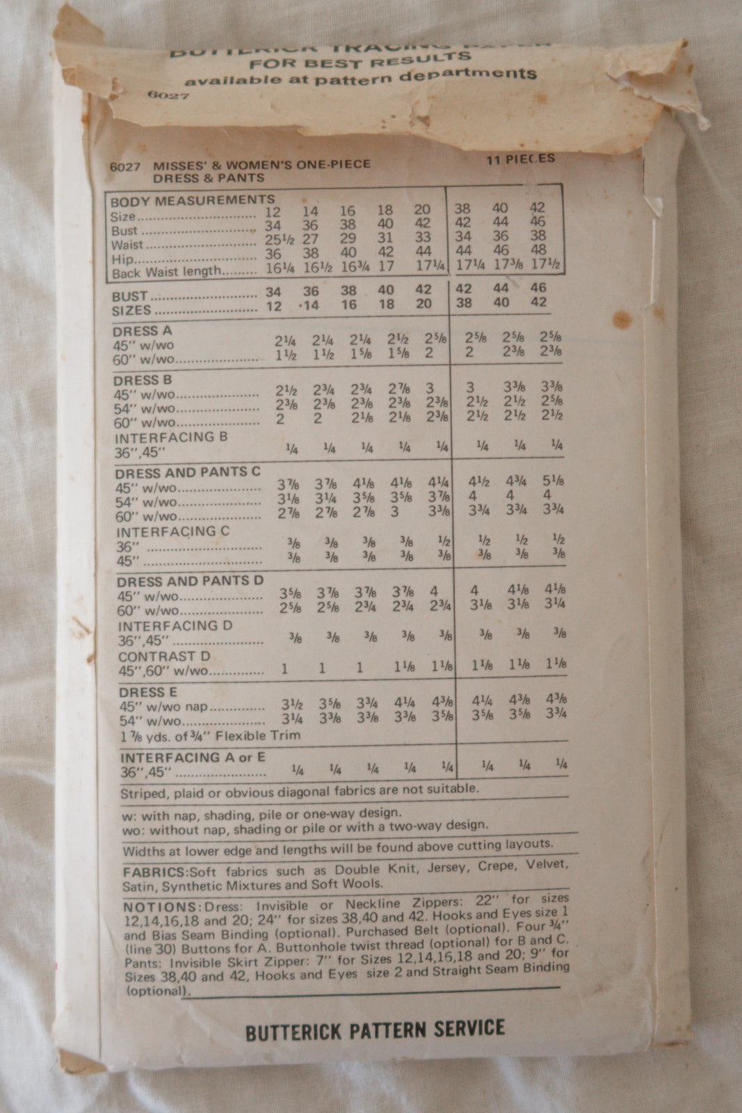 Butterick 6027 1970s Sewing Pattern